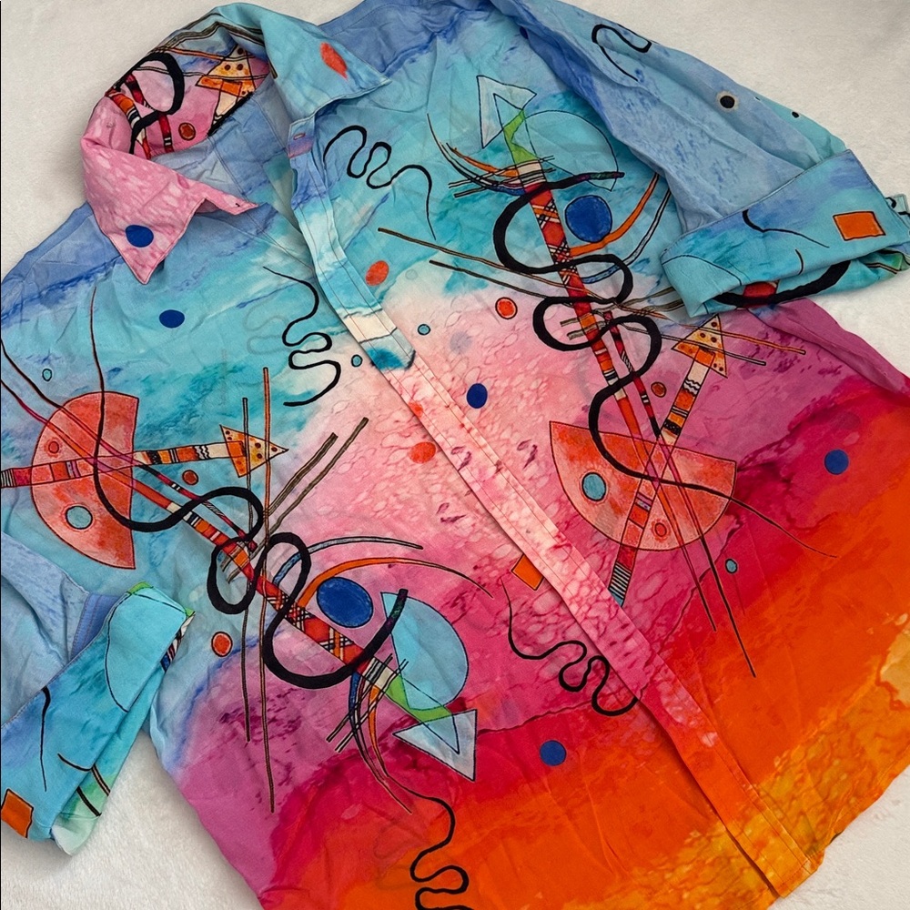 {VTG} Dilemma New York | 80s Big Shirt Abstract Artsy Multi Color Kandinsky Top